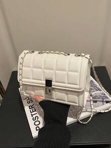 Modische einfarbige gesteppte quadratische Ketten-Schultertasche, multifunktionale Abendclutch, leichte neue Handtasche & Geldbörse, geeignet für den täglichen Arbeitsweg als Umhängetasche, ideale Wahl für Büroangestellte, lässiger Münzbeutel - Weiss - Übersicht 10