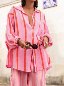 加大码宽松开衫衬衫，优雅休闲通勤时尚外套，新款 - 粉條紋 - 查看 5