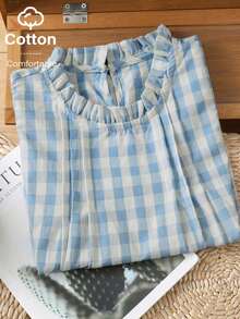 女士甜美可爱荷叶边短袖格子宽松复古波西米亚风衬衫，春夏款 - 藍色 - 查看 7