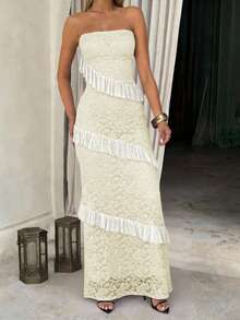 Unadoll 女士春季性感无肩带蕾丝提花面料优雅连衣裙，适合约会、婚礼、度假、派对、生日、情人节等场合。 - 黃色 - 查看 8