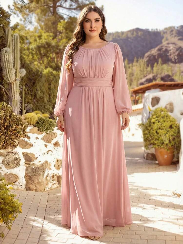 long sleeve pink bridesmaid dresses Ever-Pretty High-Slit Chiffon Bridesmaid Dress with Long Sleeves and Waist Pleating