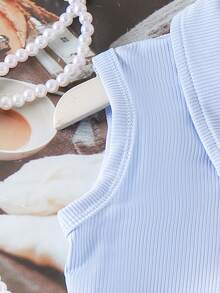 2件套女童甜美纯色翻领无袖上衣和蝴蝶结口袋短裙套装，夏季 - 藍色 - 查看 5