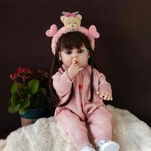 22英寸（约55厘米）逼真重生娃娃，全乙烯基身体，长发公主幼儿玩具，生日礼物，娃娃，柔软乙烯基，儿童娃娃，浴缸陪伴玩具，过家家玩具，生日礼物，圣诞礼物（包含奶嘴、奶瓶、尿布、出生证明） - 粉色 - 查看 12