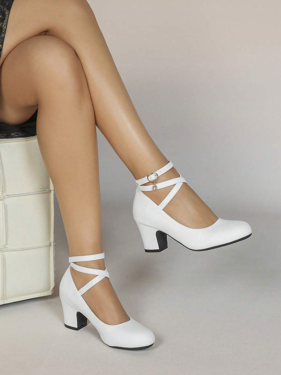 2026 Women's Solid Color Minimalist American Style Woven Vacation Slip-On Lace-Up Mary Jane High Heel Round Toe Party Pumps - trắng - Xem 1