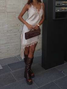 Women Asymmetrical Slip Dress Sleeveless Spaghetti Strap Lace Patchwork Satin Slim Mini Dresses - Rượu sâm banh - Xem 4