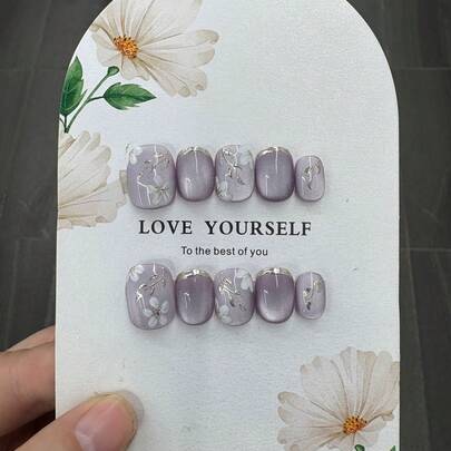qihangxin 10pcs Handmade Press-On Nail Stickers, Y2K Style, Hand-Painted Gold Flowers, 3D Lavender Cat Eye, Purple Nails, Short Nails, Short Square Nails, Fake Nails, Suitable For Girls' Daily Wear, Also Can Be Used As Holiday Gifts Like Christmas, Valentine's Day, New Year