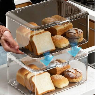 1pc/Transparent PET Bread Storage Box Flip Cover Airtight Bread Bin Toast Holder Moistureproof Dustproof Fresh Keeping Kitchen Countertop Organizer Pantry Food Storage Container For Home Bakery Pastry Cake Cookie Bagel Croissant Loaf Bread,Meal Prep, Food Storage Containers, Refrigerator Organization, Kitchen Accessories.