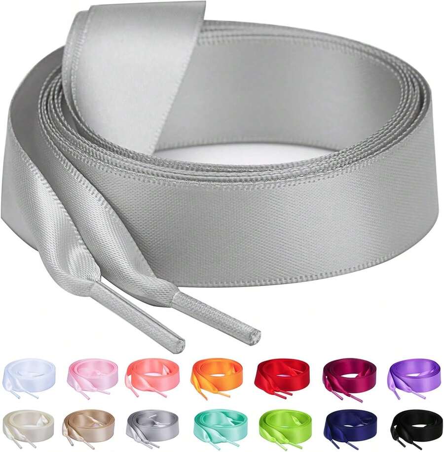 Flat Colorful Satin Shoelaces, 3/ 4inch Width, Women's/Girls' Shoelaces, White, 47inch (120) Cm: Clothing, Shoes, And Jewelry - 淺灰色絲帶 - 查看 1