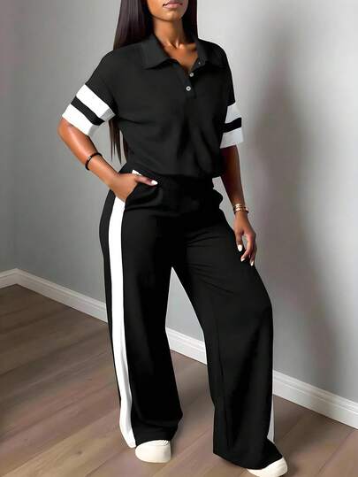 Women's 2-Piece Casual Sports Street Half-Zip Collar Short Sleeve Polo Shirt And Straight Leg Pants Set, Color Block Sporty Outfit For Casual, Outdoor, Home, Daily, Graduation, Back To School, Loose Fit, Summer Black Elegant