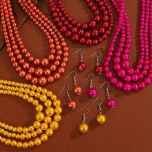 夸张多层手工串珠仿珍珠波西米亚风中东西部牛仔复古派对休闲项链耳环 - 橘色 - 查看 2