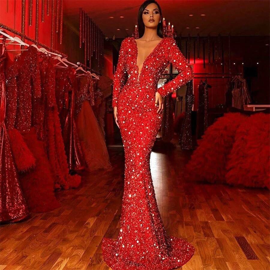 2026 New Sequin Style Business Casual Solid-Colored Midriff-Length Red Feather Hostess Banquet Dress Evening Gown For Ladies Party And Dinner Event - Đỏ - Xem 1