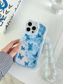 Cream Textured Wavy Edge Glossy Butterfly Painted Anti-Drop Phone Case With Handmade Beaded Bracelet, Compatible With IPhone 16/11/16pro/16plus/16promax//15Promax/13/14/12/XS/XR/7G/8P, Compatible With Samsung Galaxy 11/12Pro/12/12X/13Pro/14Pro/15Pro/16pro/17pro - Multicolor - View 2