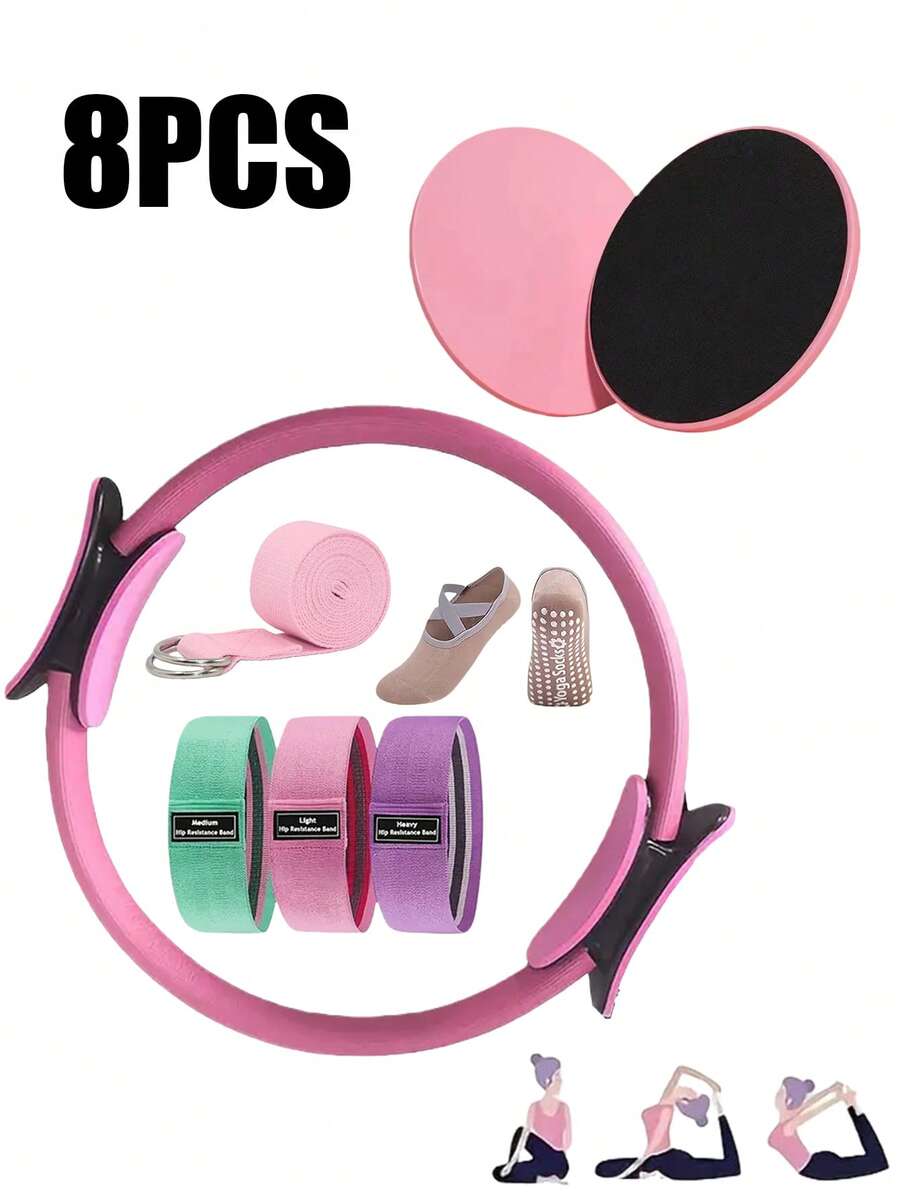 8pcs Pilates Yoga Set: Pilates Ring, Yoga Ball, Sliding Discs, Resistance Bands, Yoga Socks, Squat Assist Belt. Portable And Convenient For Home Workout. - Multicolor - View 1