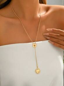 1件时尚简约金色爱心、海星、蝴蝶结、玻璃水钻流苏、水钻流苏、仿珍珠镶嵌宝石链项链，玫瑰图案爱心吊坠，铜蛇骨链扣，女士简约Y型长项链，适合女士度假、派对佩戴