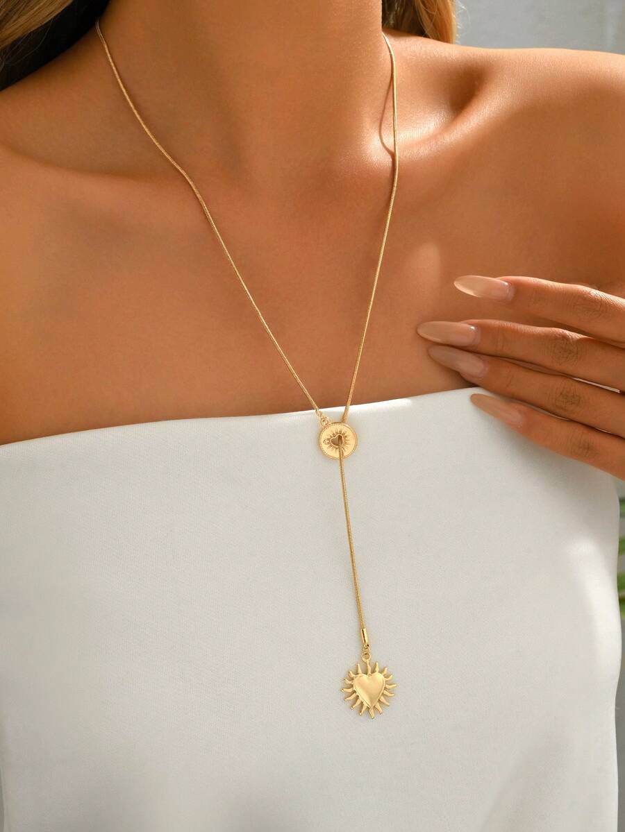 1件时尚简约金色爱心、海星、蝴蝶结、玻璃水钻流苏、水钻流苏、仿珍珠镶嵌宝石链项链，玫瑰图案爱心吊坠，铜蛇骨链扣，女士简约Y型长项链，适合女士度假、派对佩戴