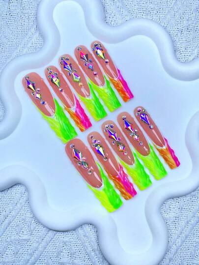 10pcs Y2K Extra Long French Press On Nails Full Coverage Fake Nail Handmade Press On Nails With 3D Shiny Water DiamondDecor ,Perfect For Weddings, Parties, Valentine's Day, Birthdays, Christmas Gifts,Supremely Fit, Reusable Nail Art,1pc Jelly Gel/1pc Mini Rubbing Strips ,Detachable Press On Nails Set,Suitable For Ladies And Girls For Holiday Parties And Daily Wear,Nail Products ﻿ ﻿ Nail Supplies