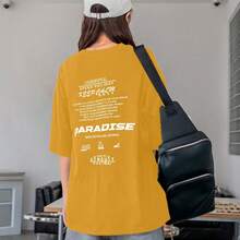 Women's Oversized Printed T-Shirt - Cheerful Paradise Phrase - Loose, Casual, Stylish, Modern, And Cool Blouse - 芥末黃 - 查看 11