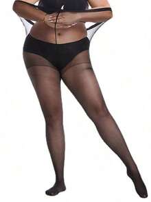15D Soft Sheer Plus Size Tights Stockings Control Top Pantyhose Reinforced Toes Women - 黑色 - 查看 3