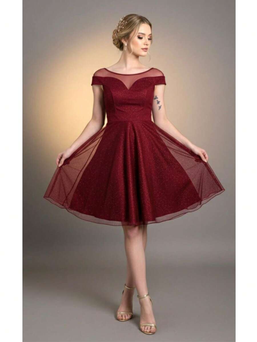 Short Debutante Party Dress For Graduation Party Guests, All In Glitter, Off The Shoulder With Tulle - 紅木色 - 查看 1