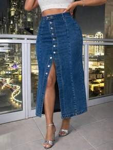 Elegant High Waist Stretch Denim Skirt, Autumn/Winter New Asymmetrical Front Button Slit Skirt, Washed Blue Plus Size Denim Mini Skirt - Blue - View 3