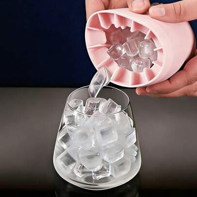 1pc Pink Silicone Ice Mold, Portable Ice Cube Maker, Reusable Silicone Ice Bucket, Easy-Release Ice Tray With Leak-Proof Lid, Stackable Design, Suitable For Home, Bar, Club, Camping, Barbecue And Summer Parties/Ice Cream Molds/Ice Cube Trays/Kitchen Accessories/Kitchen/Holiday Essential/Valentine's Day/Easter