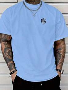 Men's T-Shirt With Minimalist 2H Print, Short-Sleeved Cotton T-Shirt With Round Neck, 2H Lettering. - 淺藍色 - 查看 2