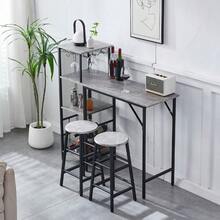 3pcs Bar Table Set, Breakfast Bar Table And 2 Stools Set With Wine Racks, Glass Holders, Shelves & Hooks, Counter Height Dining Table Set For Kitchen Living Room Dining Room Home Bar - Grey Marble - View 9