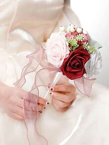 1pc Bride's Multi-Head Lace Bouquet, Contrast Lotus Leaf & Rose Bouquet, Bridesmaid Ribbon Bow Bouquet, Valentine's Day Proposal Petite Bouquet, Outdoor Wedding Bride's Bouquet, Romantic Wedding Photography Prop