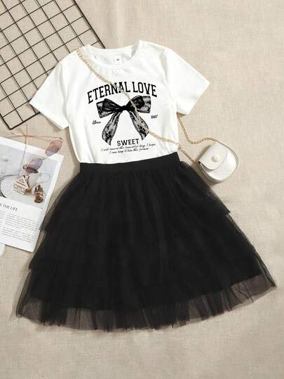 Girls Bow Decor T-Shirt And Layered Mesh Skirt