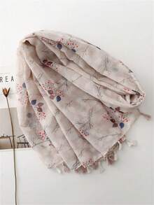 1件装女士保暖经典碎花雪纺围巾，轻盈流苏披肩