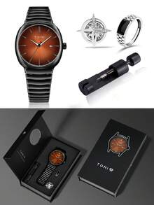 TOMI Men's Watch With Star Brooch & Ring Set, Zinc Alloy Strap, Round Dial Quartz Watch, Gift Box, Suitable For Daily Life, Business Events, Father's Day, Valentine's Day, Christmas - Black - View 10