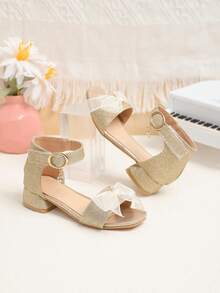 1 Pair Gold Plus Size Girls' Thick Sole Sandals, Shiny Leather Upper With Mesh, Bow Decor, Classic Strap Hoop And Loop Closure, Shiny Pendant Accent, Square Toe, Non-Slip Thick Bottom, Cute Beach Sandals Suitable For 3-15 Years Old Girls, Daily, Casual, Beach, Holiday, Party, Spring/Summer - Gold - View 7