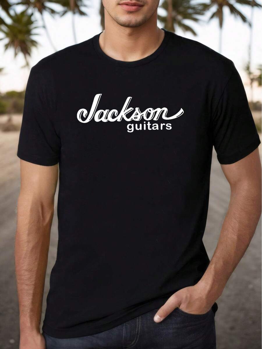 Chic Comfort Men Jackson Guitars Graphic T-Shirt Soft Lightweight Music-Inspired Design Black With White Lettering Regular Fit Short Sleeve For Casual Outdoor Wear All-Season Comfort Machine Washable Music Fan Apparel Musicthemed Apparel Soft Texture Shirt Men Size S-3XL - 黑色 - 查看 1