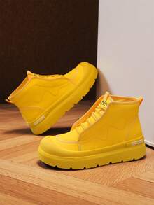 男士高帮皮质摩托车靴，2026新款厚底防滑舒适皮靴，高帮圆头系带设计，PU皮革，厨师鞋，户外运动，纯色复古休闲运动鞋 - 黃色 - 查看 6