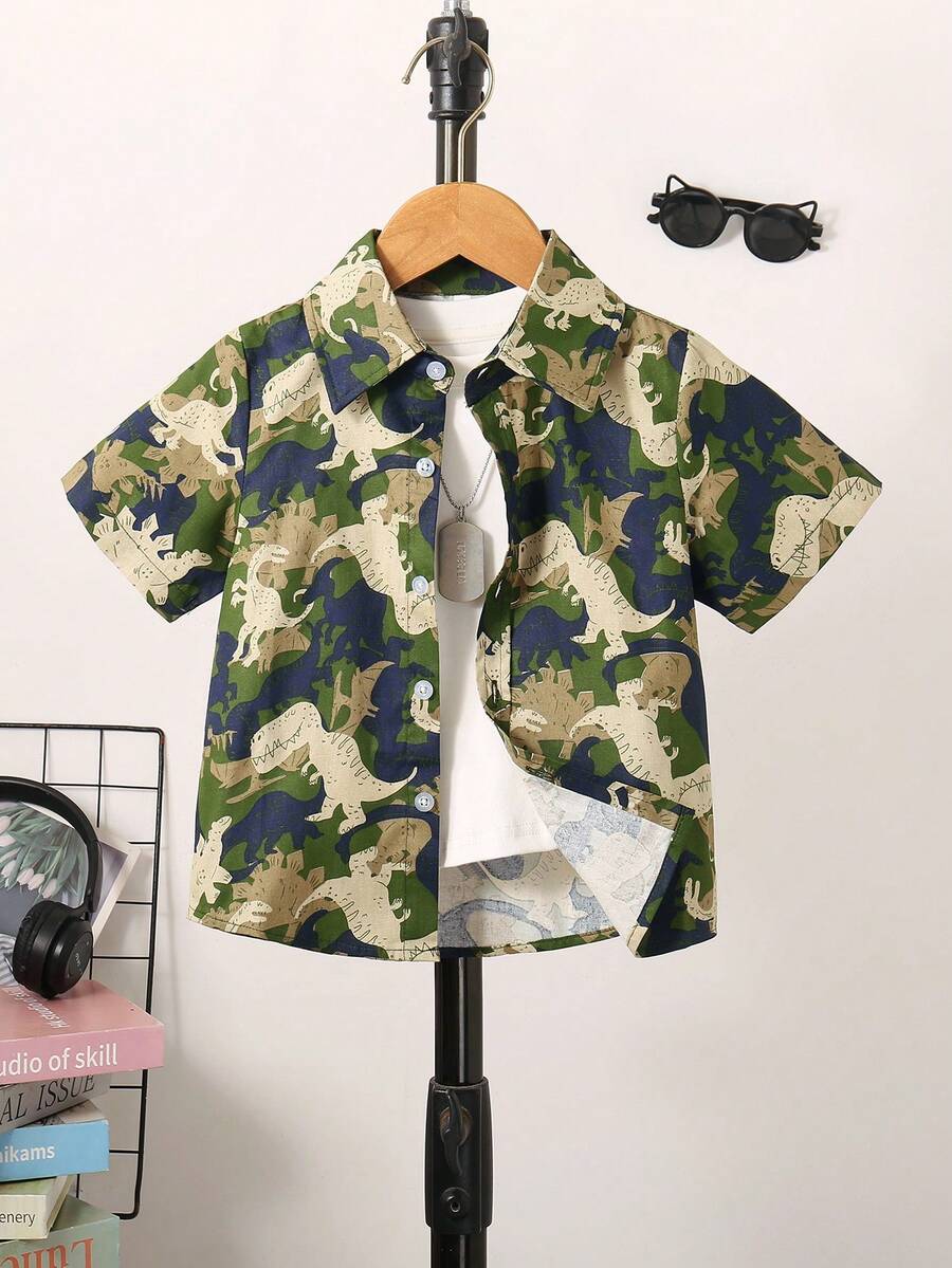 Boys' Summer Floral Print Single-Breasted Casual Shirt, School Style - Olive Green - View 1