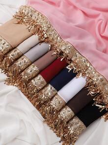 1 pieza Hiyab musulmán de lujo con lentejuelas doradas, flecos y parches de encaje, de talla larga para vestido abaya - Multicolor - Ver 2