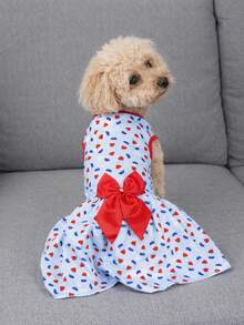holdhoney 1 Piece Fresh Retro-Style Pet Sundress, Light Fabric Dog Sleeveless Outfit, Charming Vintage Style With Light Blue Base & Contrasting Red-Blue Pattern, Sleeveless Shape Accented With Large Red Bow Detail For Sweet Look, Breathable & Comfortable Function To Keep Small Dogs Like Poodles Cozy - Multicolor - View 4