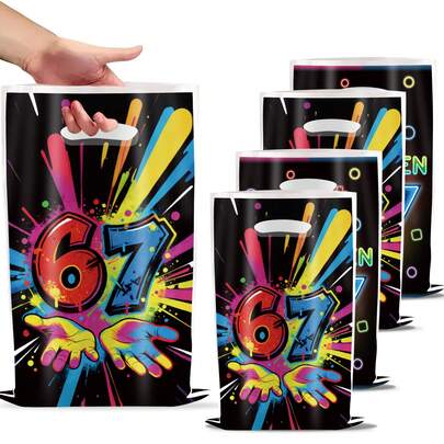 10/30PCS Black Digital 67 Candy Bag That Glows In The Dark Snack Candy Gift Bag, Colorful Graffiti Gift Bag, 67 Gift Packaging With Handle, Suitable For Birthday Party Decoration Items