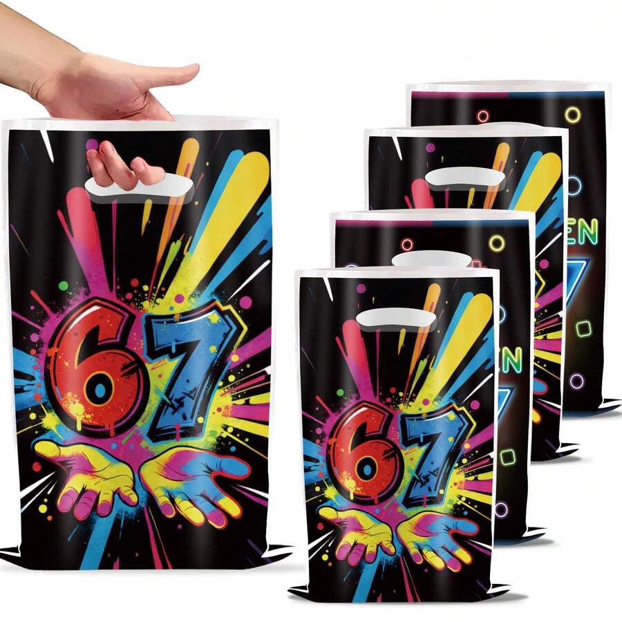 10/30PCS Black Digital 67 Candy Bag That Glows In The Dark Snack Candy Gift Bag, Colorful Graffiti Gift Bag, 67 Gift Packaging With Handle, Suitable For Birthday Party Decoration Items - Black - View 1