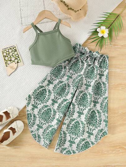 2pcs Girls Casual Nature Style Set, Solid Ribbed Asymmetric Hem Camisole + Vintage Butterfly Print Flare Pants Set, Summer