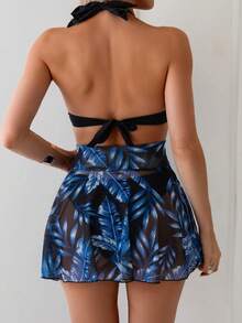 Women's Solid Color Underwire Bikini 3 PiecesSet, Paired With Tropical Plant Print Mesh Skirt - Multicolor - View 3