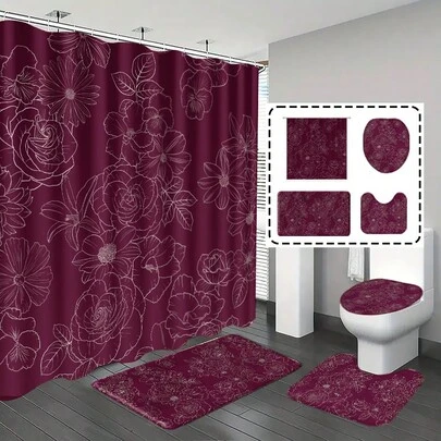 1件/4件套花卉图案浴帘套装，含12个挂钩，浴室装饰，浴室帘，浴帘，浴垫，浴室套装，家居装饰，礼品