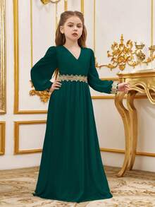ALISA&LEO Girls Elegant V-Neck Long Lantern Sleeve Maxi Dress With Gold Embroidery Waist For Wedding Guest, Eid, Evening Party & Special Occasions - Dark Green - View 4