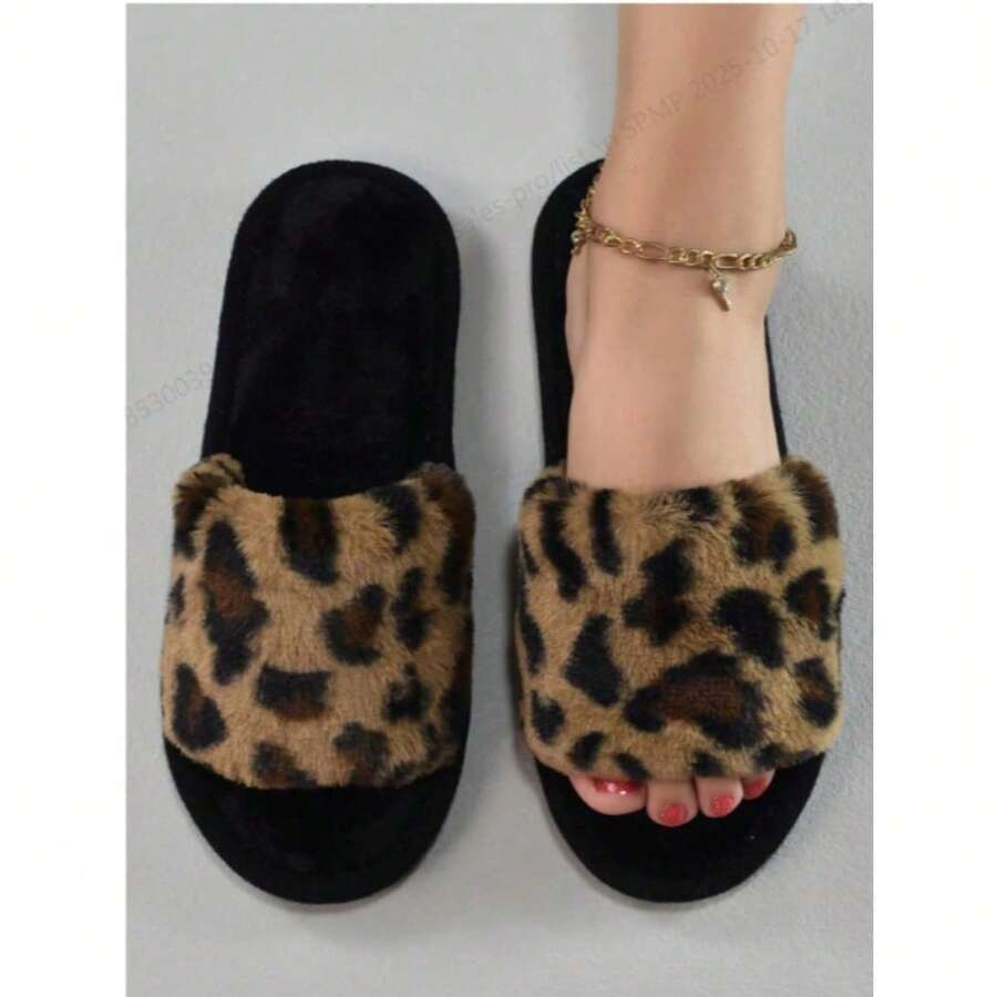 Women Leopard Pattern Fuzzy Bedroom Slippers, Fashionable Open Toe Home Slippers,Halloween - Brown - View 1
