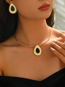 3pcs/Set Exaggerated Geometric Water Drop Earrings & Necklace Set For Women - Yellow Gold - View 2