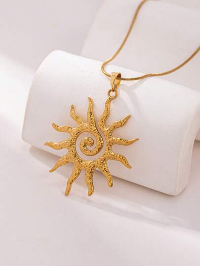 1件时尚复古个性化钛钢金/银螺旋太阳吊坠项链，男女通用，适合日常、度假、派对装饰