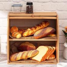 Bread Bin 2 Tiers Double Layer Box Slide Roll Top Food Storage Rack Home Kitchen - Burlywood (original Wood Color) - View 5