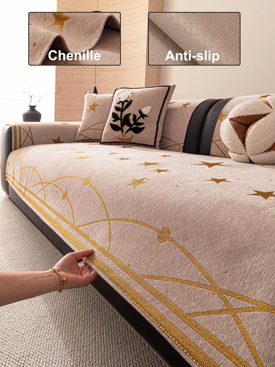 1件金色星星波西米亚风雪尼尔沙发套，防滑，宠物友好，耐用，可水洗，可重复使用，适用于1/2/3/4座沙发扶手靠背套，秋季装饰，房间装饰，返校季，学习用品 - 卡其色 - 查看 1