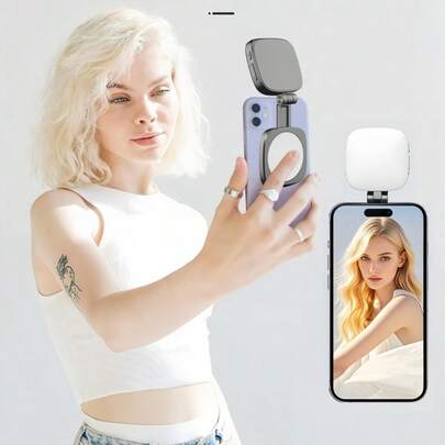 1 pieza Anillo de luz selfie magnético con espejo de maquillaje, iluminación fotográfica portátil, luz de relleno de belleza plegable, lámpara de ambiente para transmisión en vivo