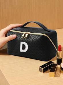 1个PU皮革化妆收纳包，字母图案，防水便携，AB水钻，仿珍珠字母拉链设计，新娘化妆包，化妆包，洗漱包，收纳袋，简约风格，可定制贴纸，旅行化妆包，女士浴室洗漱包（字母A~Z），送给妈妈的礼物，沙滩包，返校必备 - 彩色 - 查看 3